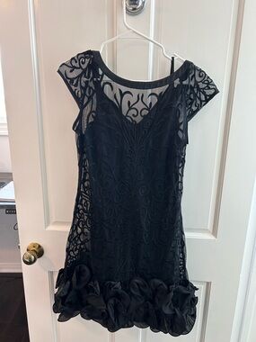 Guess Black Sheer Lace Mini Dress with Rosette Hem